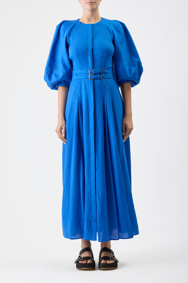 Gabriela Hearst Elea Pleated Maxi Dress In Sapphire Aloe Linen