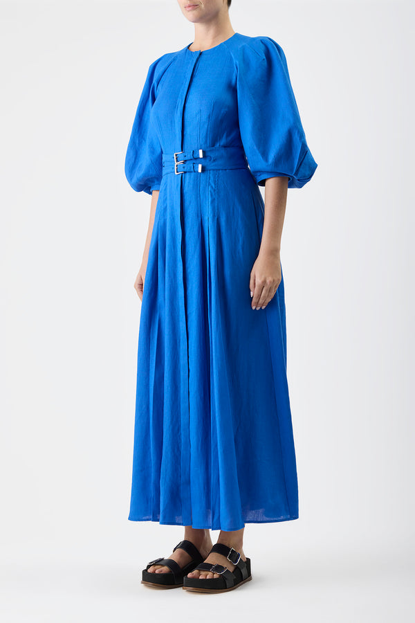 Gabriela Hearst Elea Pleated Maxi Dress In Sapphire Aloe Linen
