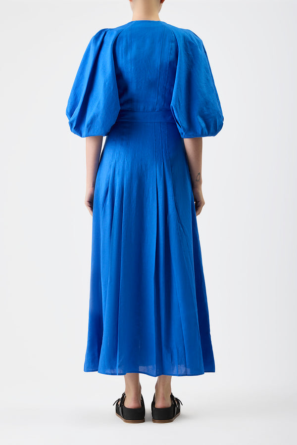Gabriela Hearst Elea Pleated Maxi Dress In Sapphire Aloe Linen