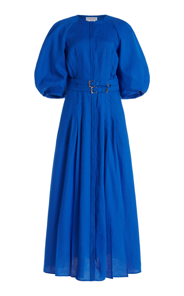 gabriela hearst Elea Pleated Maxi Dress in Sapphire Aloe Linen