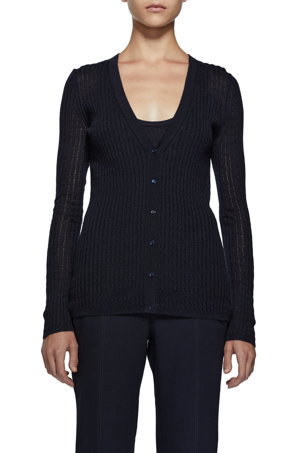 Gabriela Hearst Emma Pointelle Knit Cardigan In Dark Navy Cashmere Silk