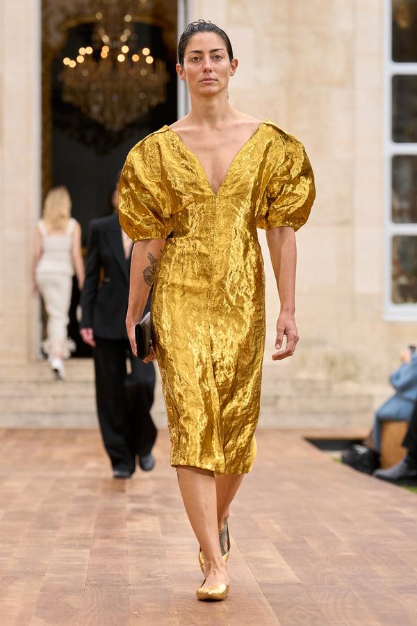 Gabriela Hearst Fides Midi Dress In Gold Metallic Silk