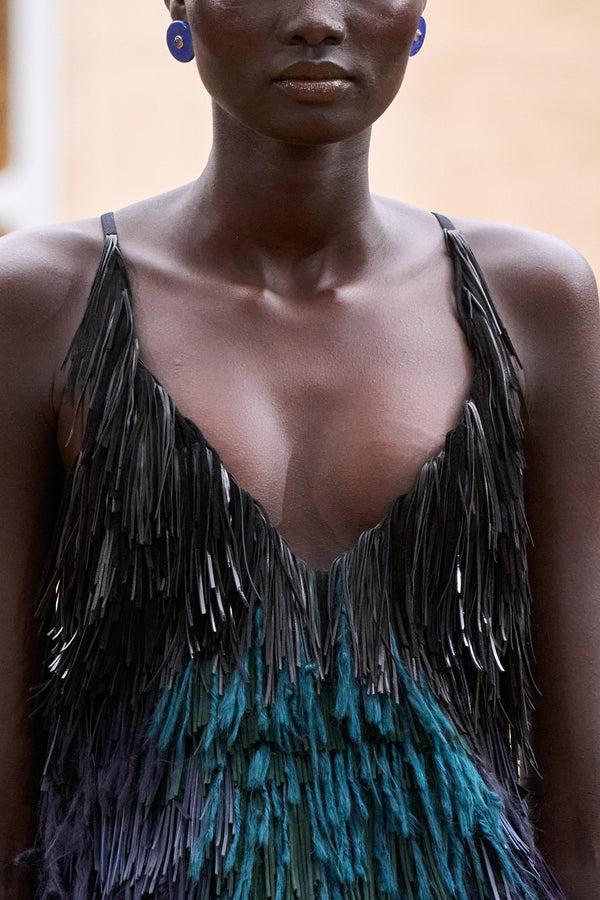 Gabriela Hearst Freyja Fringe Mini Dress In Navy Multi Silk