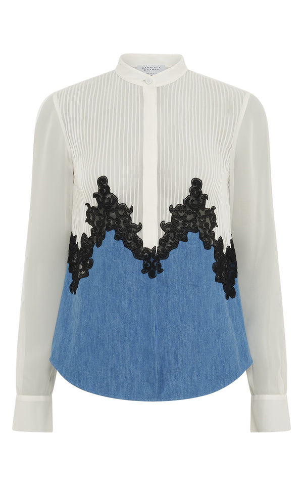 gabriela hearst Kheti Lace Top in Light Blue Recycled Cotton Linen Denim