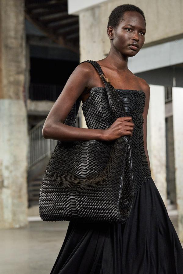 Gabriela Hearst Large Hobo Bag In Black Leather Snake Scales