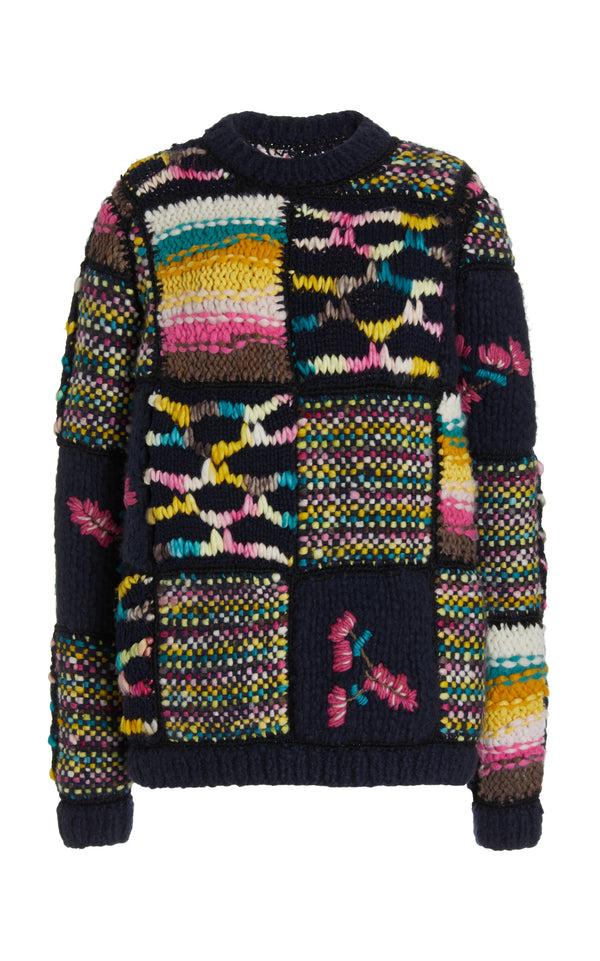 gabriela hearst Lawrence Patchwork Knit Sweater in Dark Navy Multi Welfat Cashmere