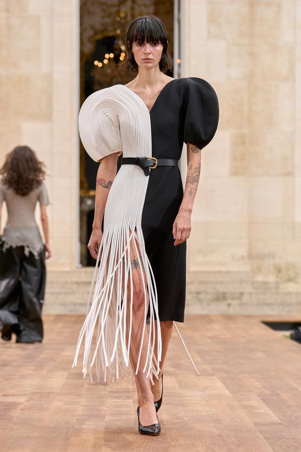 Gabriela Hearst Lysander Fringe Midi Dress In Ivory Nappa Leather & Black Wool Silk Cady