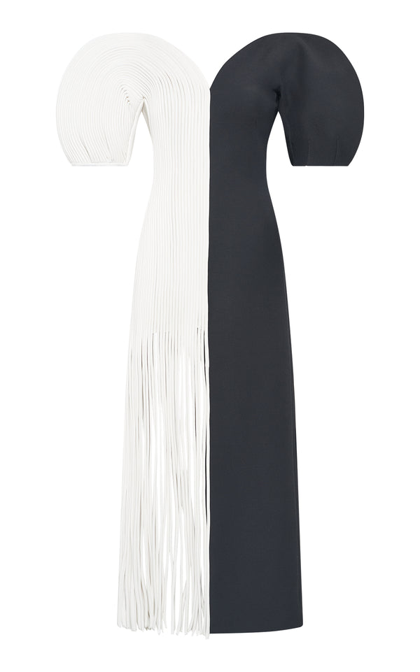 gabriela hearst Lysander Fringe Midi Dress in Ivory Nappa Leather & Black Wool Silk Cady