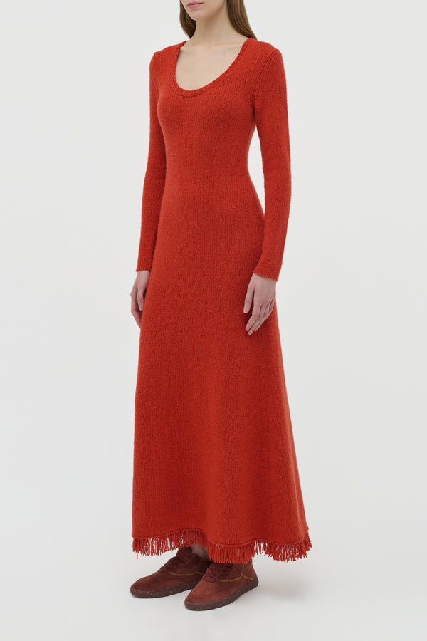 Gabriela Hearst Maribel Fringe Knit Maxi Dress In Antelope Orange Cashmere