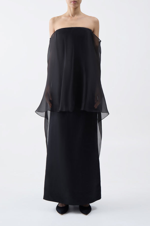 Gabriela Hearst Marisha Maxi Dress In Black Textured Linen With Silk Organza Sheer Cape