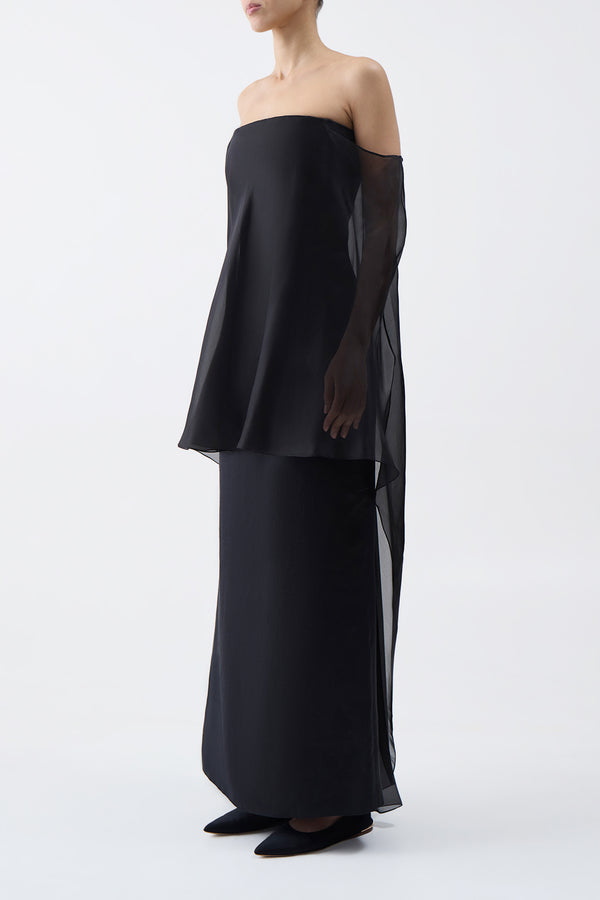 Gabriela Hearst Marisha Maxi Dress In Black Textured Linen With Silk Organza Sheer Cape