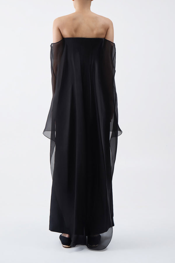 Gabriela Hearst Marisha Maxi Dress In Black Textured Linen With Silk Organza Sheer Cape