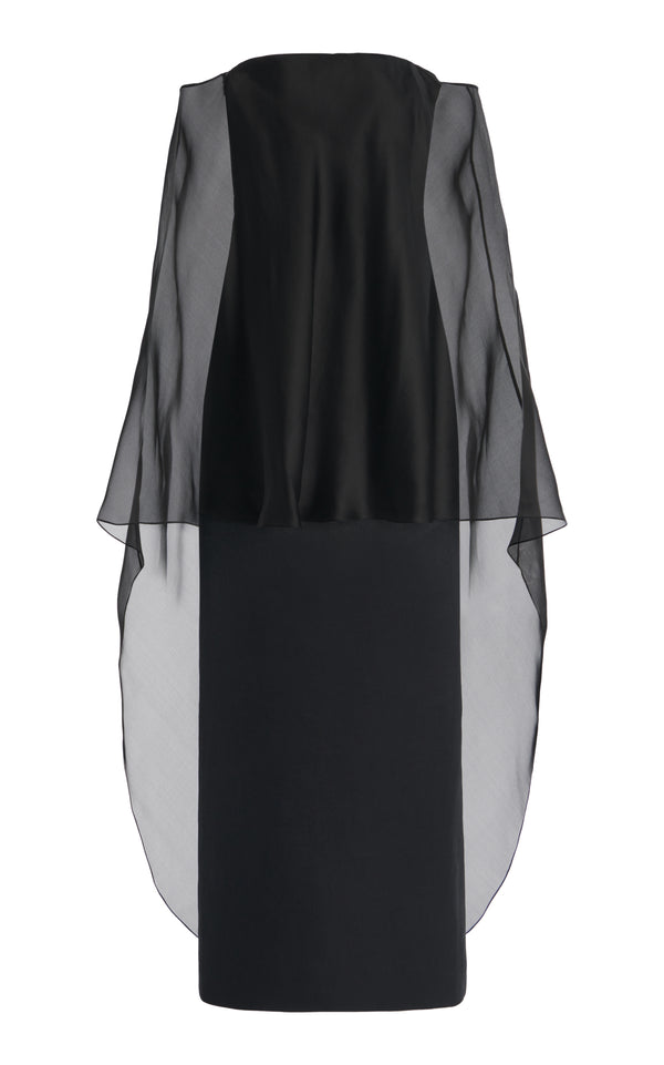 gabriela hearst Marisha Maxi Dress in Black Textured Linen with Silk Organza Sheer Cape