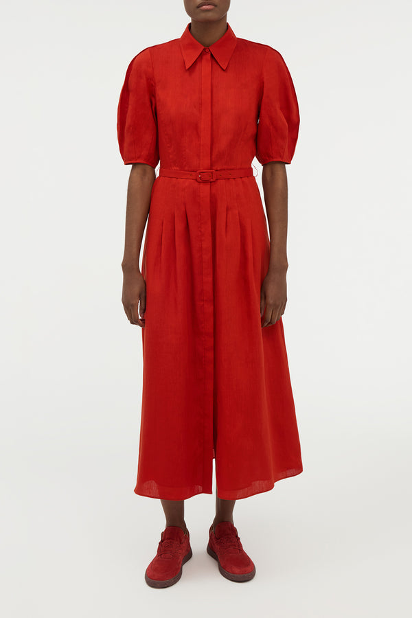Gabriela Hearst Maude Pleated Midi Shirtdress In Antelope Orange Aloe Linen