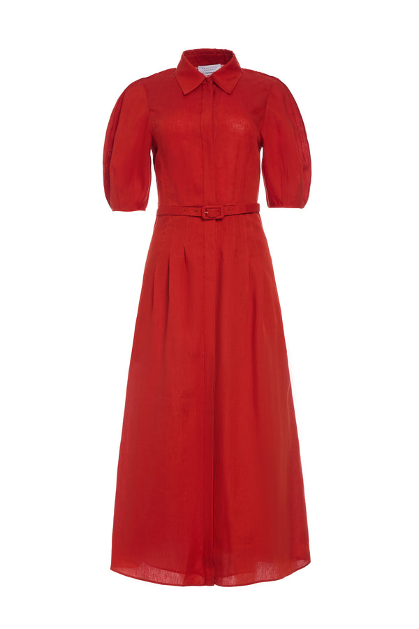 gabriela hearst Maude Pleated Midi Shirtdress in Antelope Orange Aloe Linen