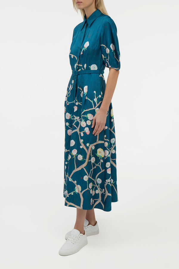 Gabriela Hearst Maude Pleated Midi Shirtdress In Blue Multi Printed Silk Twill