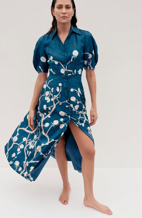 Gabriela Hearst Maude Pleated Midi Shirtdress In Blue Multi Printed Silk Twill