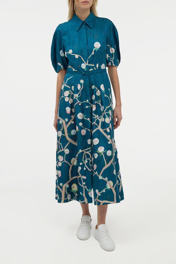 Gabriela Hearst Maude Pleated Midi Shirtdress In Blue Multi Printed Silk Twill