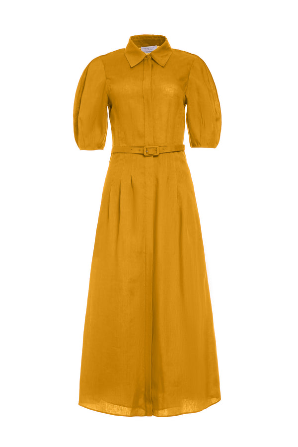 gabriela hearst Maude Pleated Midi Shirtdress in Golden Birch Aloe Linen