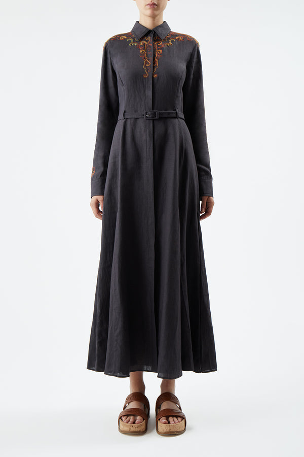 Gabriela Hearst Mcgraw Embroidered Shirtdress In Charcoal Aloe Linen