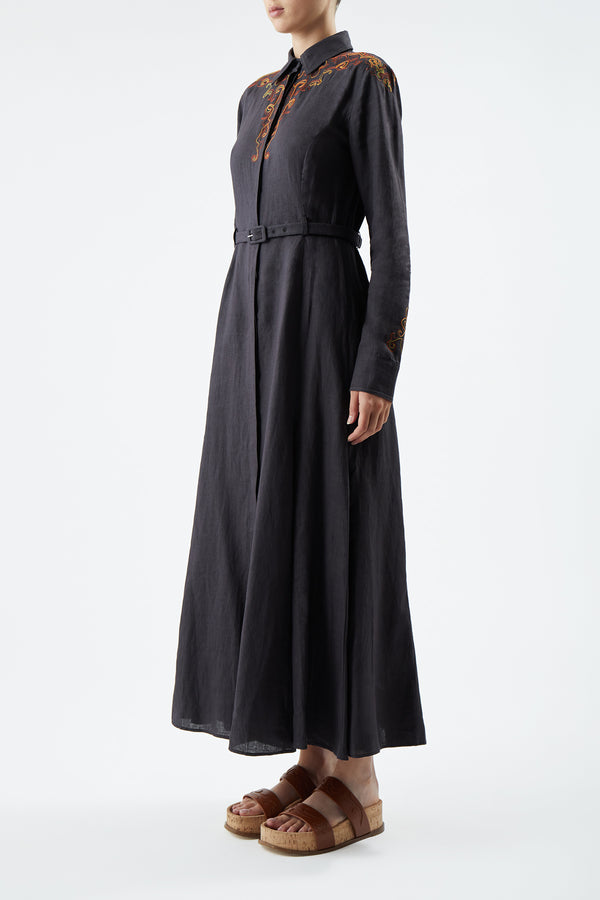 Gabriela Hearst Mcgraw Embroidered Shirtdress In Charcoal Aloe Linen