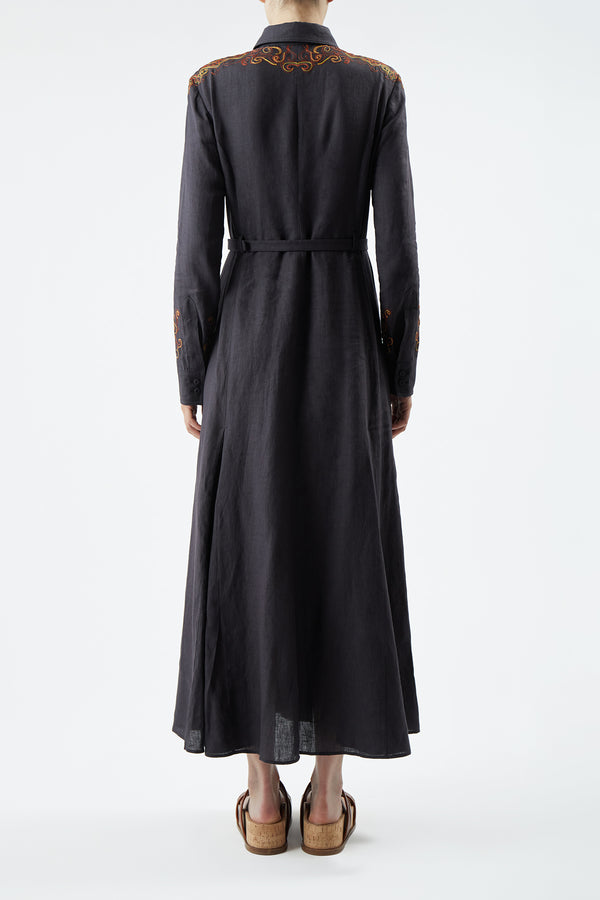 Gabriela Hearst Mcgraw Embroidered Shirtdress In Charcoal Aloe Linen
