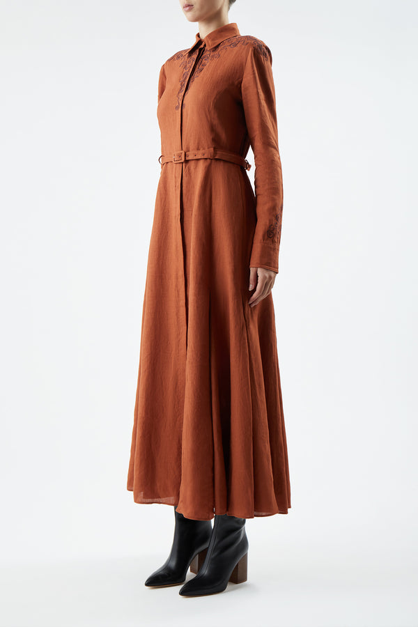 Gabriela Hearst Mcgraw Embroidered Shirtdress In Red Clay Aloe Linen