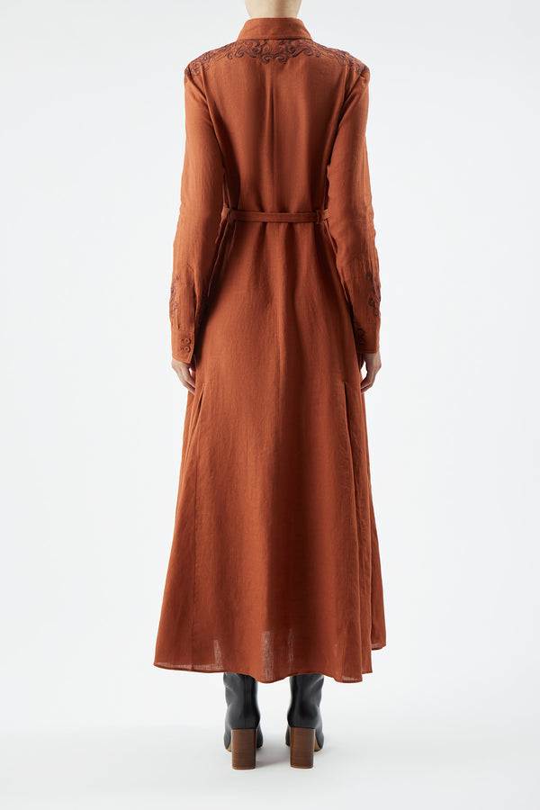 Gabriela Hearst Mcgraw Embroidered Shirtdress In Red Clay Aloe Linen