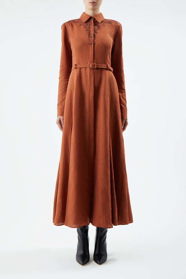 Gabriela Hearst Mcgraw Embroidered Shirtdress In Red Clay Aloe Linen