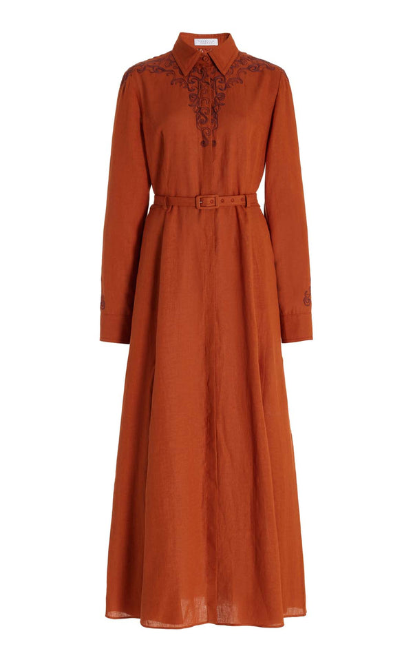 gabriela hearst Mcgraw Embroidered Shirtdress in Red Clay Aloe Linen