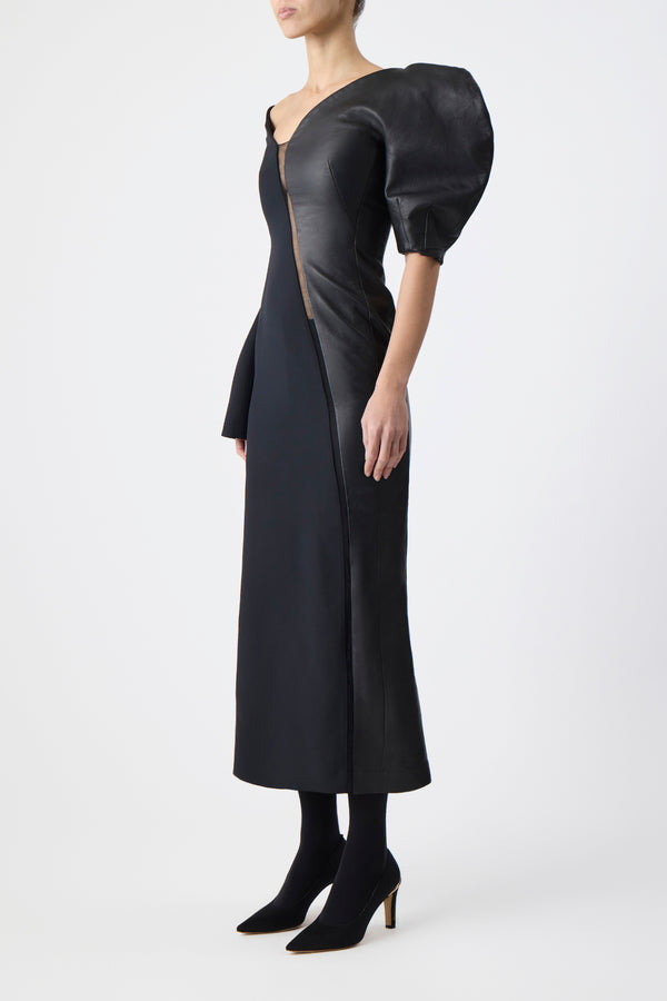 Gabriela Hearst Merlin Midi Dress In Black Wool Silk Cady And Nappa Leather