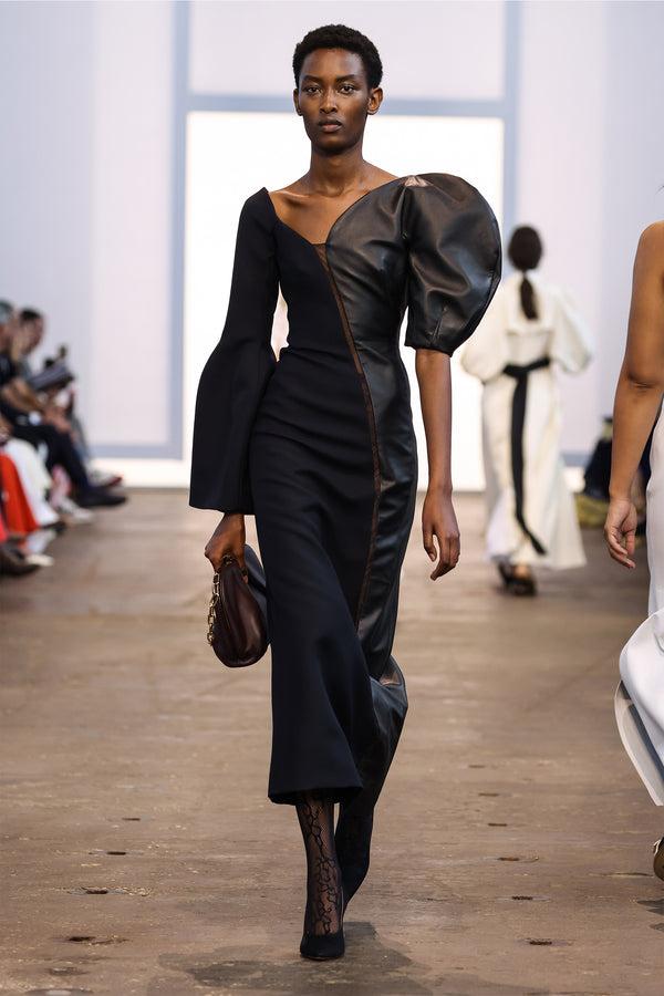 Gabriela Hearst Merlin Midi Dress In Black Wool Silk Cady And Nappa Leather