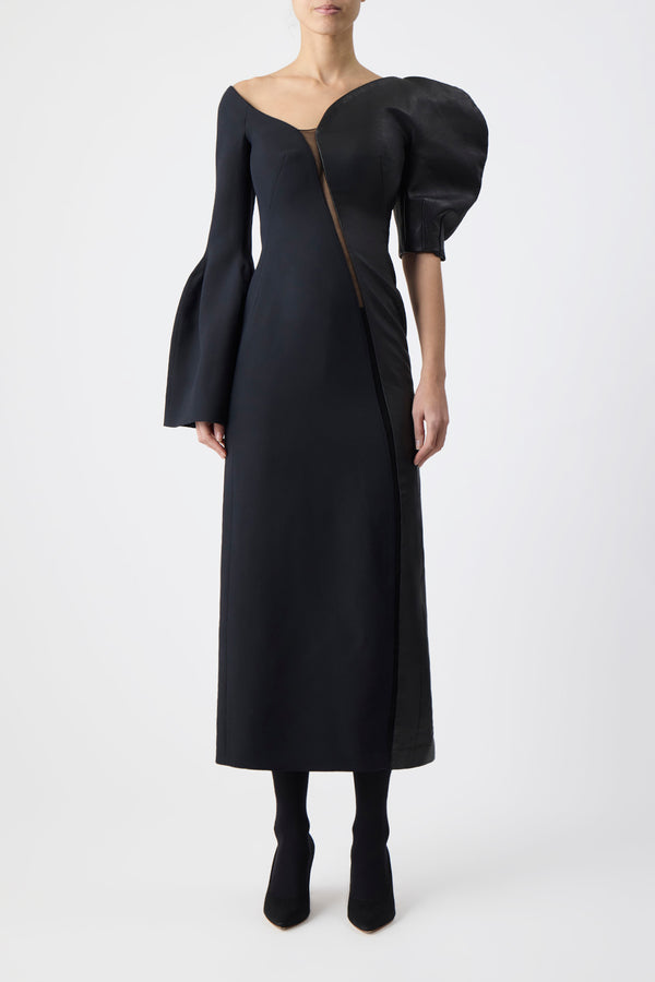 Gabriela Hearst Merlin Midi Dress In Black Wool Silk Cady And Nappa Leather