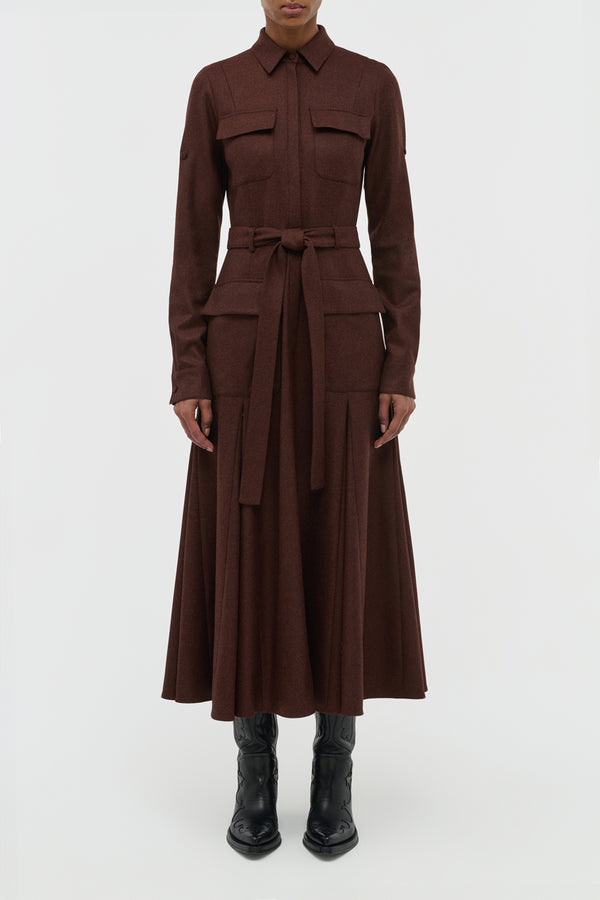 Gabriela Hearst Meyer Pleated Maxi Shirtdress In Burnt Sienna Wool Cashmere Flannel