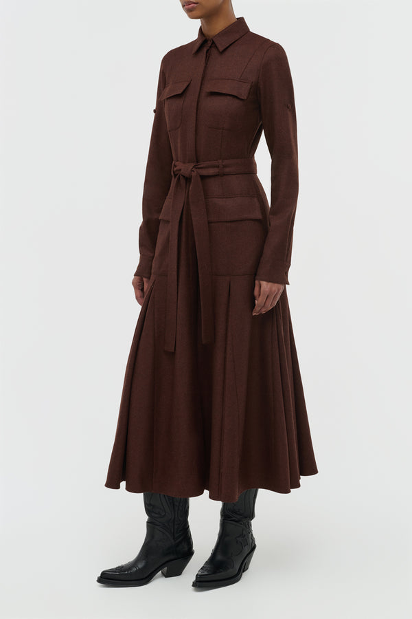 Gabriela Hearst Meyer Pleated Maxi Shirtdress In Burnt Sienna Wool Cashmere Flannel