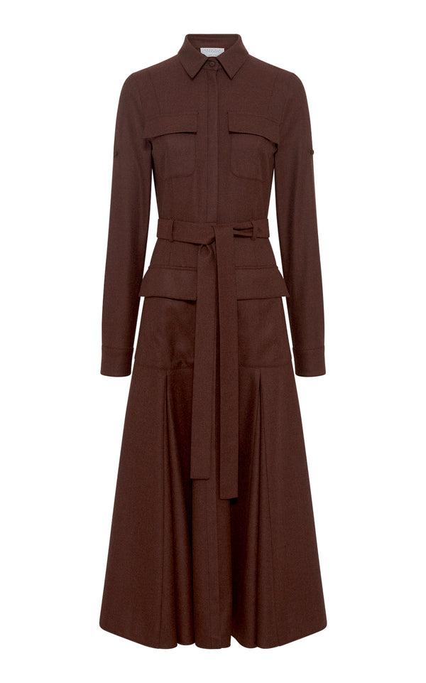 gabriela hearst Meyer Pleated Maxi Shirtdress in Burnt Sienna Wool Cashmere Flannel