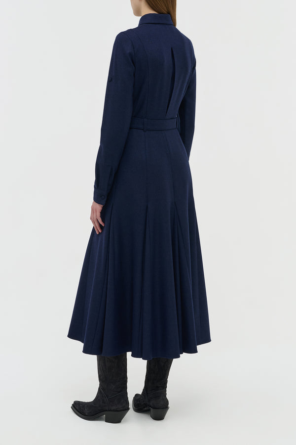 Gabriela Hearst Meyer Pleated Maxi Shirtdress In Navy Wool Cashmere Flannel