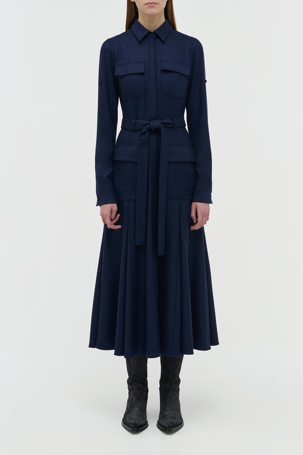 Gabriela Hearst Meyer Pleated Maxi Shirtdress In Navy Wool Cashmere Flannel