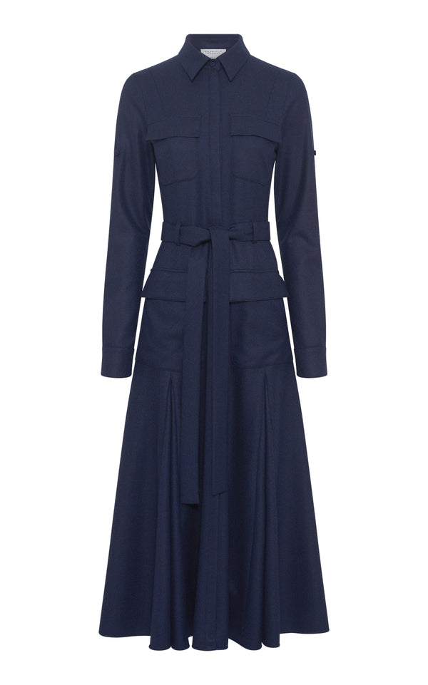 gabriela hearst Meyer Pleated Maxi Shirtdress in Navy Wool Cashmere Flannel