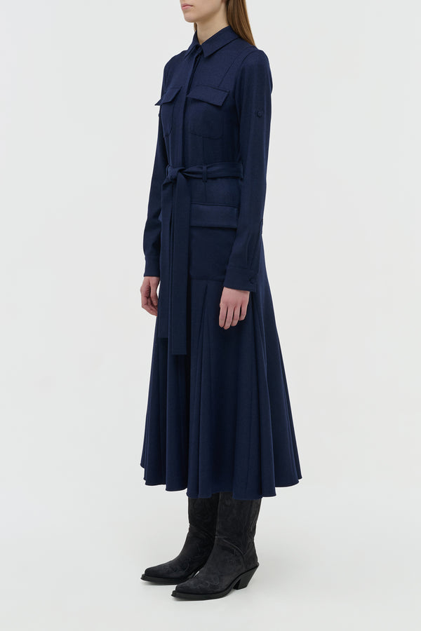 Gabriela Hearst Meyer Pleated Maxi Shirtdress In Navy Wool Cashmere Flannel
