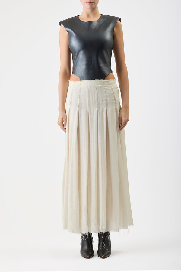 Gabriela Hearst Mina Pleated Maxi Dress In Black Metallic Nappa Leather & Ivory Virgin Wool Cashmere Gauze