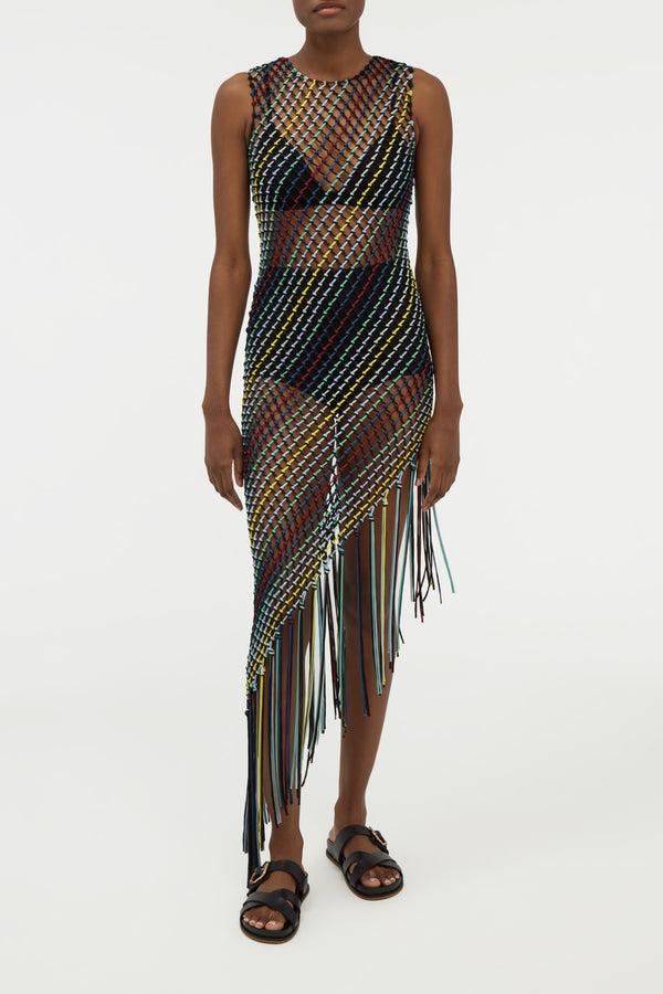 Gabriela Hearst Nabia L Fringe Macrame Maxi Dress In Black Multi Silk