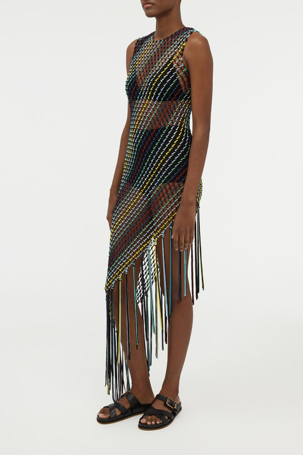 Gabriela Hearst Nabia L Fringe Macrame Maxi Dress In Black Multi Silk