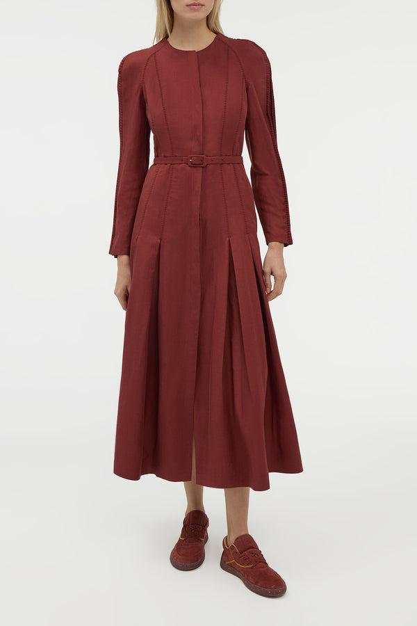 Gabriela Hearst Niles Pleated Maxi Shirtdress In Burnt Sienna Linen Silk