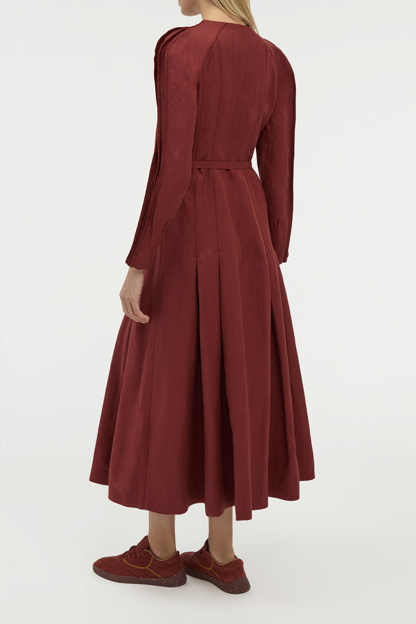 Gabriela Hearst Niles Pleated Maxi Shirtdress In Burnt Sienna Linen Silk