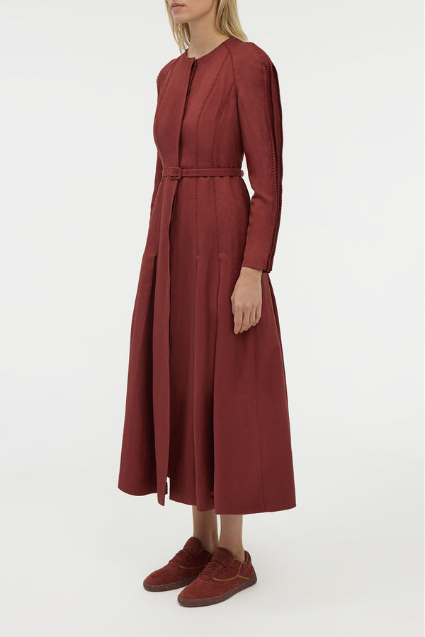 Gabriela Hearst Niles Pleated Maxi Shirtdress In Burnt Sienna Linen Silk