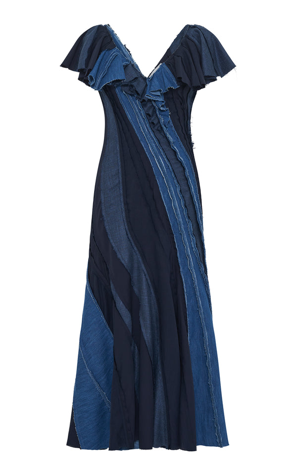 gabriela hearst Osmin Patchwork Midi Dress in Medium Blue Recycled Cotton Linen Denim