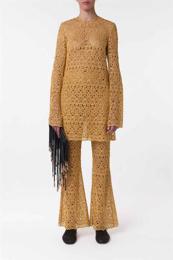 Gabriela Hearst Phoenix Flare Cropped Pant In Gold Silk Macrame Lace
