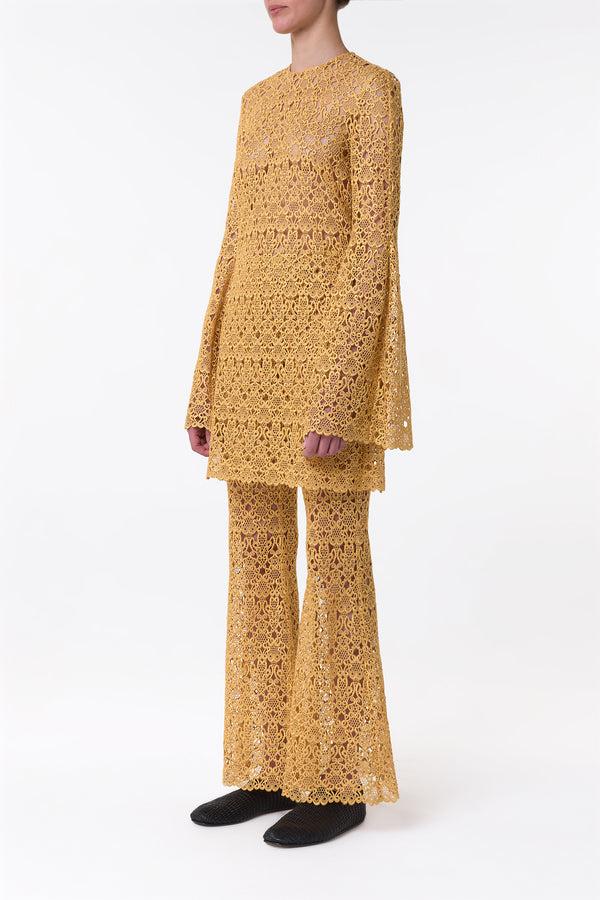 Gabriela Hearst Phoenix Flare Cropped Pant In Gold Silk Macrame Lace