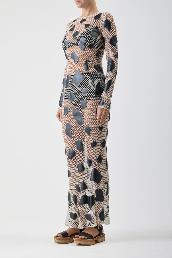 Gabriela Hearst Romeo Crochet Maxi Dress In White Merino Wool With Black Metallic Nappa Leather Patches